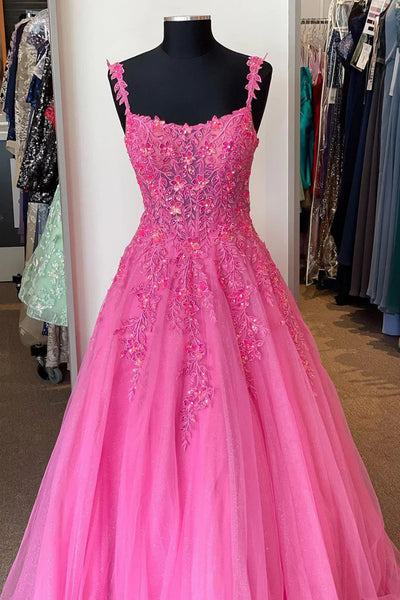 Simple Pink Lace Floral Tulle Long Prom Dresses, Pink Lace Appliques Tulle Long Formal Evning Dresses