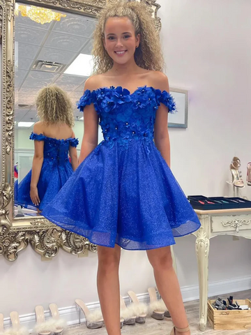 Off  Shoulder  Royal Blue Short Floral Prom Dresses With 3D Flowers, Short Off the Shoulde Royal Blue Graduation Homecoming Dresses