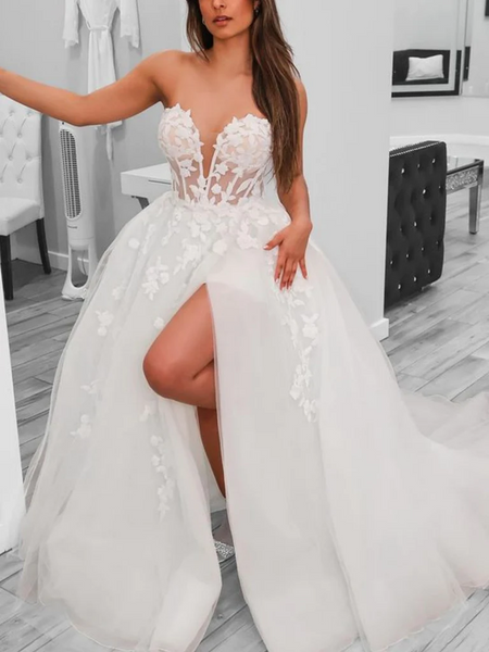 Strapless V Neck White Lace Long Prom Dresses with High Slit，White Lace Long Wedding Dresses，White Lace Formal Evening Dresses