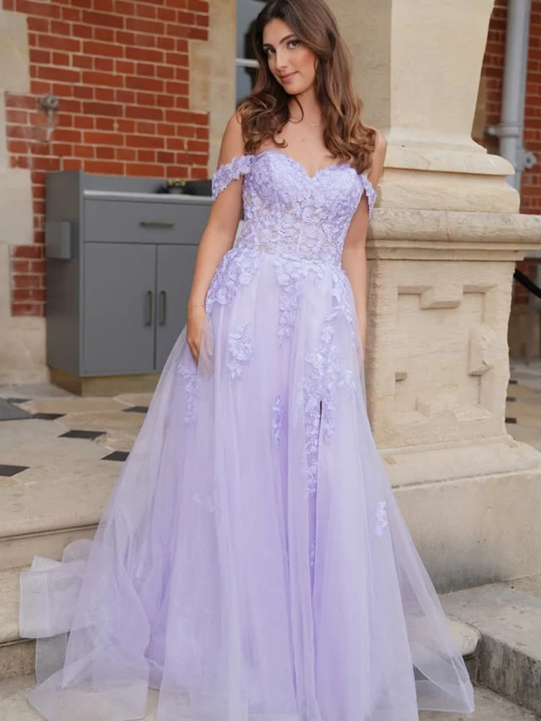 Off the Shoulder Lilac Lace Long Prom Dresses with Slit, Off Shoulder Lilac Lace Formal Evening Dresses