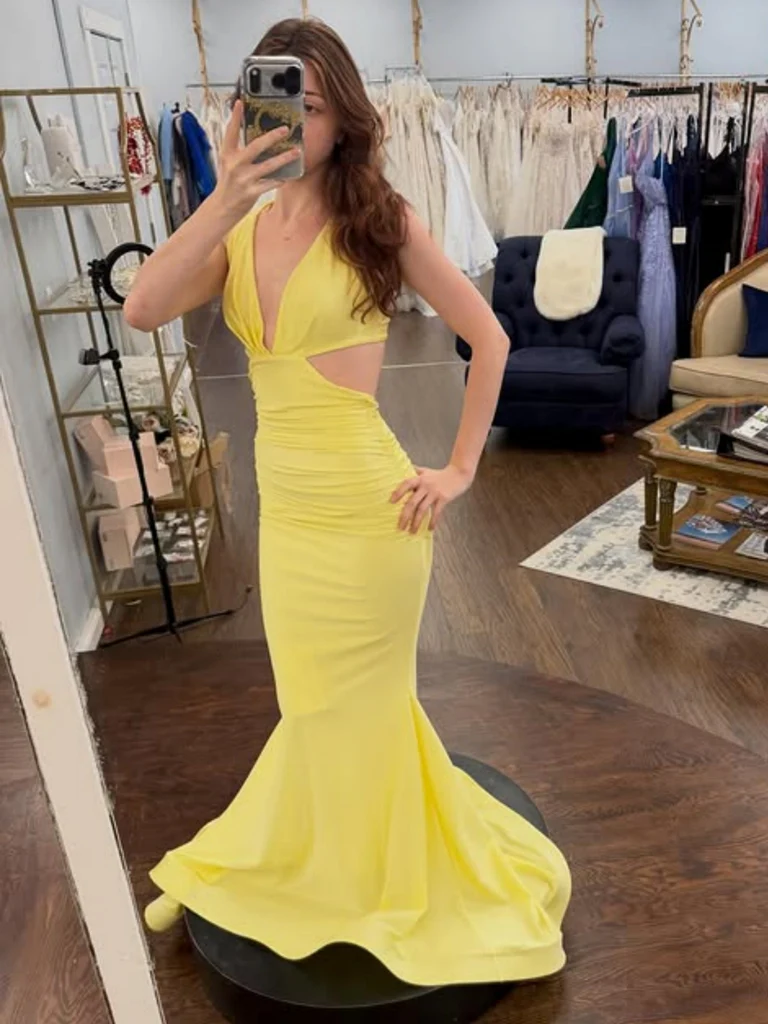 V Neck Open Back Yellow Mermaid Satin Long Prom Dresses, Mermaid Yellow Formal Graduation Evening Dresses