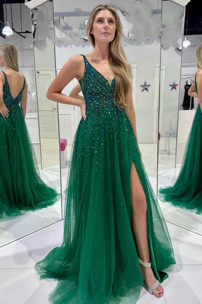 V Neck Green Sequins Long Prom Dresses with High Slit, V Back Green Beaded Formal Graduation Evening Dresses