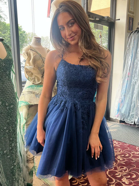 A Line Straps Navy Blue Lace Short Prom Dresses, Short Lace Dark Blue Formal Evening Homecoming Dresses