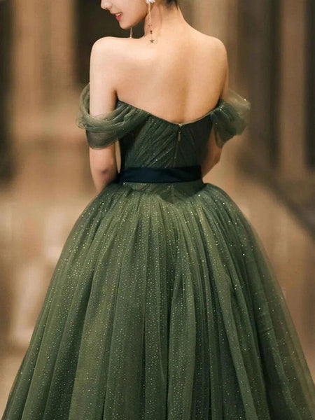 A Line Off The Shoulder Tulle Green Long Prom Dresses, Off Shoulder Tulle Green Long Formal Evening Dresses