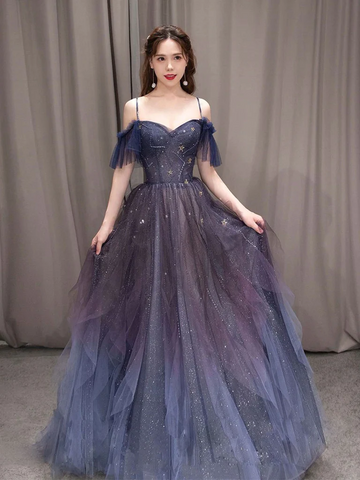 Off the Shoulder Blue Purple Ombre Tulle Prom Dresses, Off  Shoulder Blue Purple Ombre Formal Evening Graduation Dresses