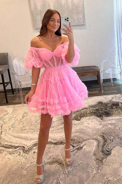 Princess Off  Shoulder Pink Short Prom Dresses, Short Off The Shoulder Pink Homecoming  Formal Evening Dresses