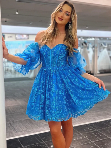 Off the Shoulder Short Blue Lace Prom Dresses, Off Shoulder Short Blue Lace Formal Evening Homecoming Dresses