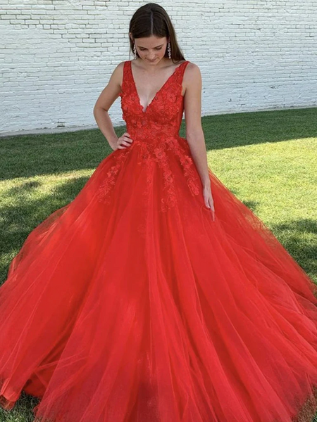 V Neck Red Beaded Lace Long Prom Dresses, Red V Neck Beaded Lace Formal Evening Ball Gown