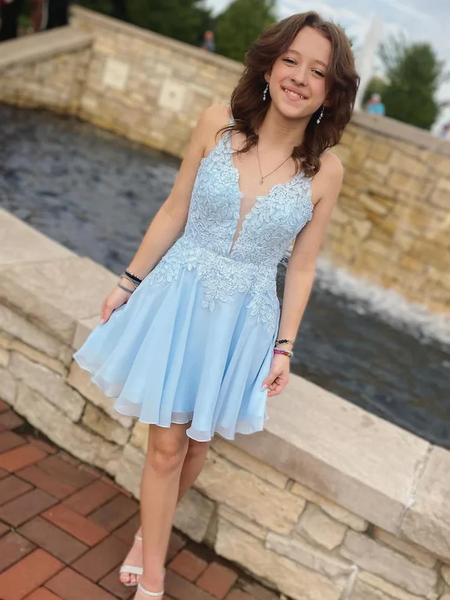 Short V Neck Light Blue Lace Prom Dresses, Light Blue Lace Backless Formal Evening Homecoming Dresses