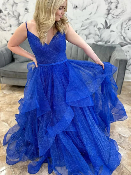 Shiny V Neck Fluffy Blue Tulle Long Prom Dresses,  V Neck Blue Formal Evening Dresses