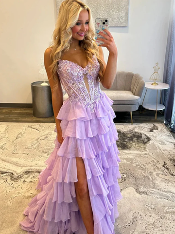 Spaghetti Straps Backless Purple Layered Lace Prom Dresses, Lilac Layered Lace Formal Evening Dresses