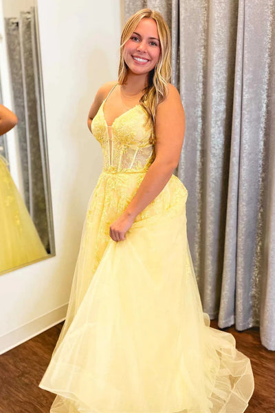 A Line V Neck Yellow Long Prom Dresses with Lace Appliques, V Neck Yellow Lace Long Formal Evening Graduation Dresses