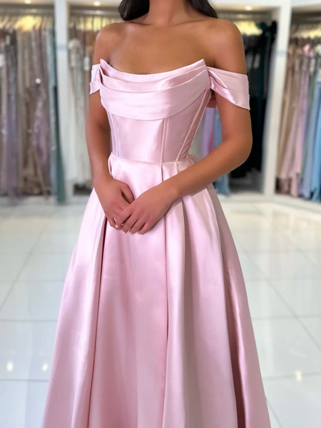 Off Shoulder Pink Satin Long Prom Dresses, Off the Shoulder Pink Long Formal Evening Dresses