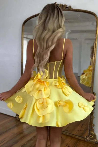 A Line Yellow Short Floral Prom Dresses, Short Yellow Formal Evening Homecoming Dresses