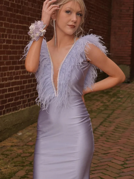 V Neck and V Back Mermaid Lilac Satin Long Prom Dresses with Feather, Mermaid Lilac Formal Graduation Evening Dresses
