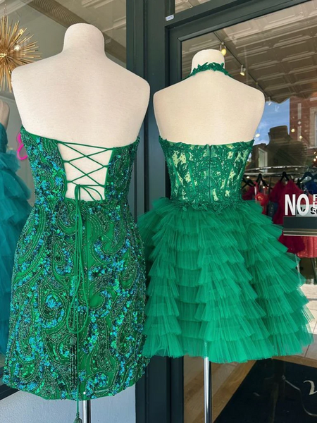 V Neck Princess Backless Ruffle Green Lace Prom Dresses,  Halter Neck Short Lace Green Formal Evening Homecoming Dresses