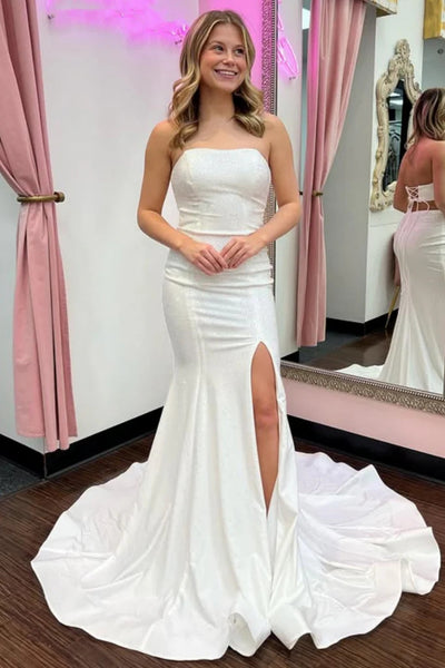 Strapless Mermaid White Satin Long Prom Dresses with High Slit, Mermaid White Formal Evening Dresses