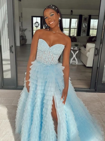 Strapless Light Blue Lace Long Ruffle Prom Dresses with High Slit, Lace Light Blue Formal Evening Dresses