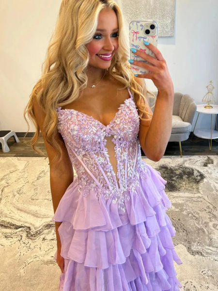 Spaghetti Straps Backless Purple Layered Lace Prom Dresses, Lilac Layered Lace Formal Evening Dresses