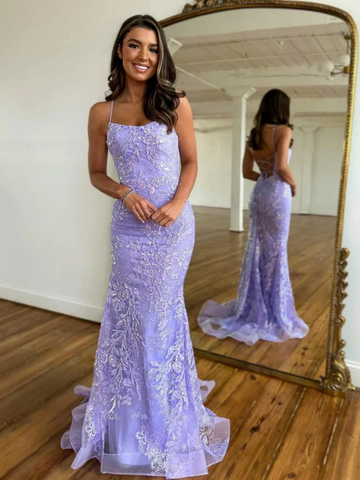 Open Back Mermaid Purple Lace Prom Dresses, Backless Mermaid Purple Lace Formal Evening Graduation Dresses