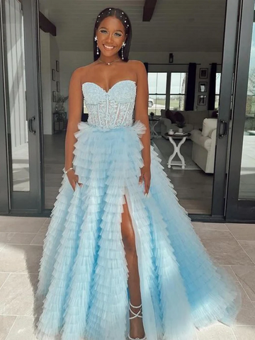 Strapless Light Blue Lace Long Ruffle Prom Dresses with High Slit, Lace Light Blue Formal Evening Dresses