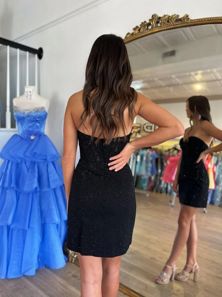 Strapless Sweetheart Neck Black Lace Short Prom Dresses,  Short Black Lace Formal Graduation Evening Dresses