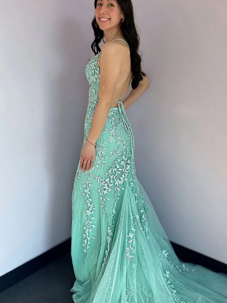 Mint Green Mermaid Backless Lace Long Prom Dresses, Mint Green Lace Formal Evening Graduation Dresses