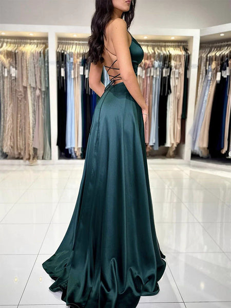 A Line Dark Green V Neck Backless Satin Long Prom Dresses, Dark Green Long Formal Evening Dresses