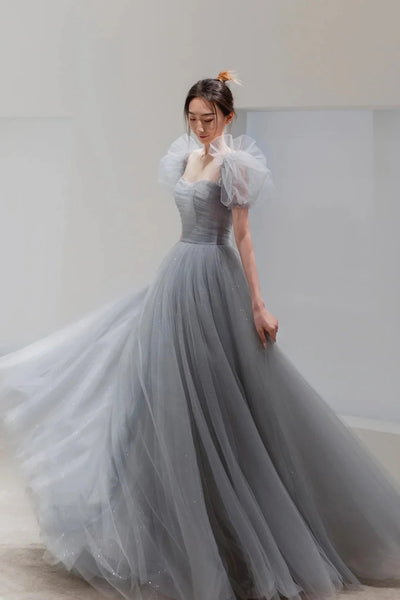 Beautiful A Line Floor Length Gray Tulle Prom Dresses, Short Sleeve Floor Length Gray Formal Evening Dresses