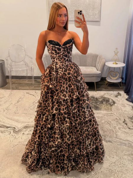 A Line Leopard Print Layered Long Prom Dresses, A Line Leopard Print Long Formal Evening Dresses