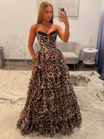 A Line Leopard Print Layered Long Prom Dresses, A Line Leopard Print Long Formal Evening Dresses
