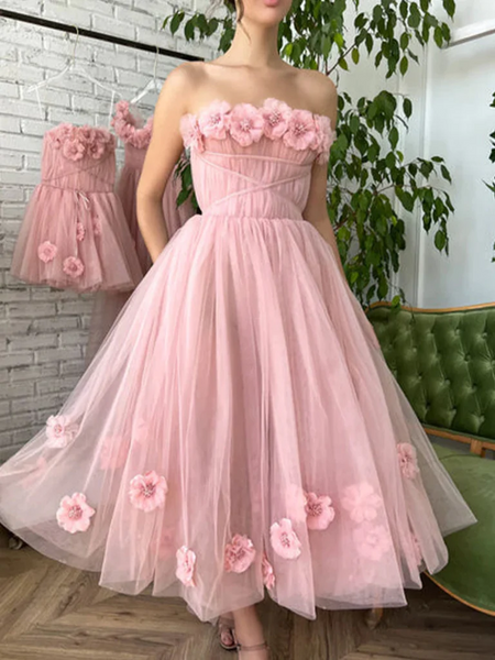 Strapless Pink Floral Tulle Tea Length Prom Dresses with 3D Flowers, Strapless Pink Floral Tea Length Formal Graduation Evening Homecoming Dresses