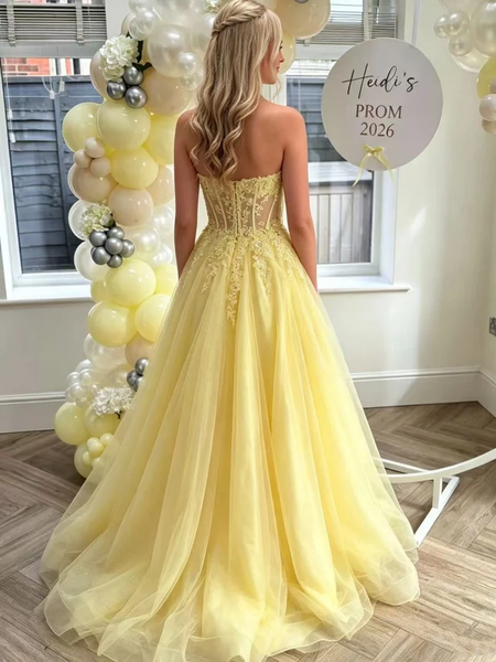 A Line Strapless Yellow Lace Long Prom Dresses, Yellow Lace Tulle Evening Formal Dresses