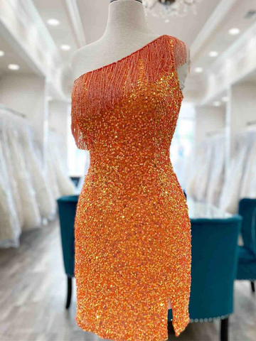 Short One Shoulder Tight Orange /Blue Prom Dresses, One Shoulder Short Sequins Formal Evening Homecoming Dresses