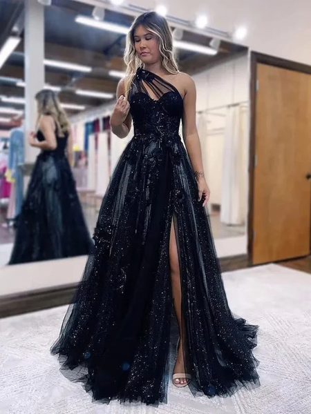 One Shoulder Black Lace Prom Dresses, One Shoulder Black Lace Formal Evening Dresses