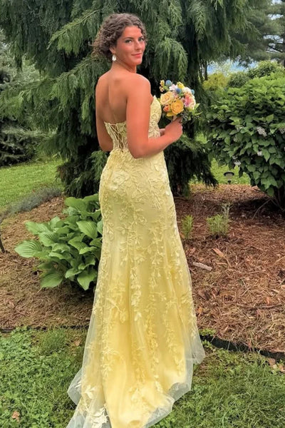 Strapless Sweetheart Neck Mermaid Yellow Lace Long Prom Dresses with Slit, Mermaid Yellow Formal Graduation Evening Dresses