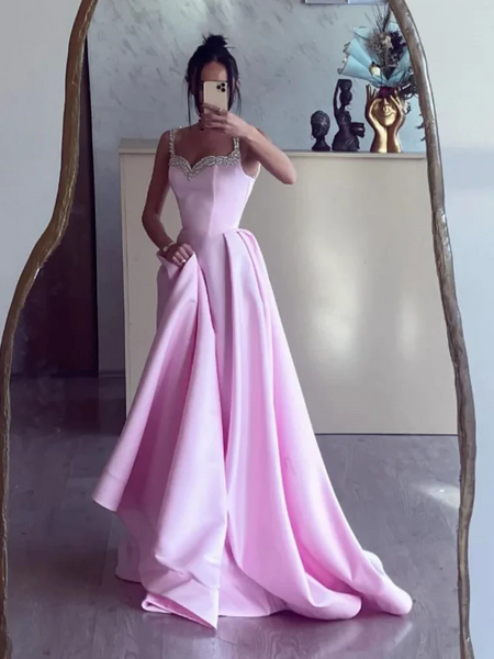 Simple  Pink Beaded A Line Satin Long Prom Dresses ,  Pink Long Formal Evening Graduation Dresses