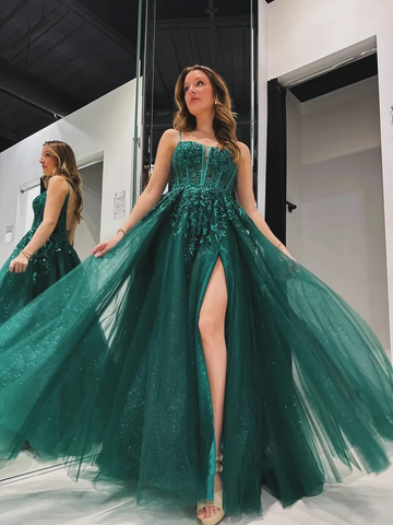 A Line V Neck Backless Green Lace Long Prom Dresses with High Slit, Green Lace Backless Formal Evening Graduation Dresses