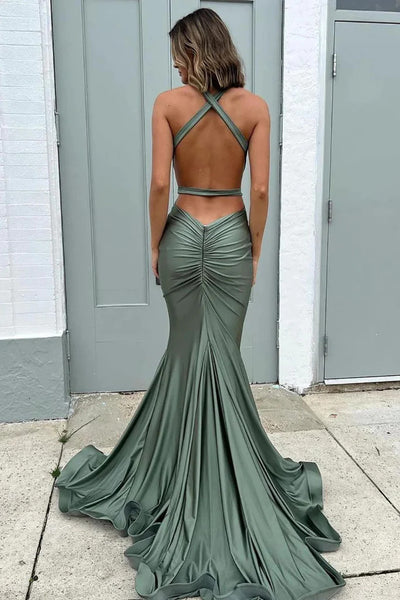 V Neck Mermaid Open Back Sage Long Prom Dresses, Sage Mermaid Backless Formal  Evening Dresses