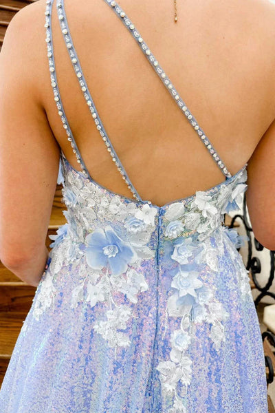 One Shoulder Backless Lilac Lace Floral Long Prom Dresses, One Shoulder Lilac Formal Evening Dresses with 3D Flowers