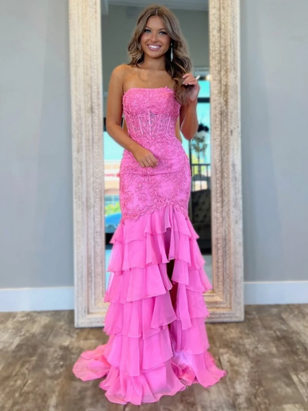 Hot Pink Strapless Fitted Mermaid Tiered Ruffled Prom Dresses, Mermaid Lace Tiered Ruffled Formal Evening Dresses