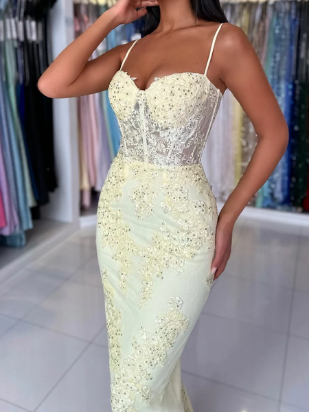 Sweetheart Neck Yellow Mermaid Lace Prom Dresses, Sweetheart Neck Mermaid Lace Yellow Formal Evening Dresses