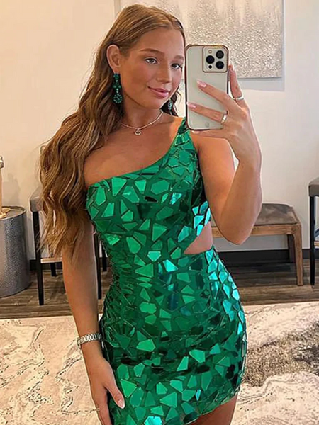 One Shoulder Short Green Prom Dresses,  One Shoulder Green Short Formal Evening Homecoming Dresses