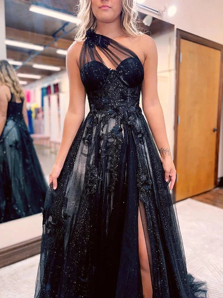 One Shoulder Black Lace Prom Dresses, One Shoulder Black Lace Formal Evening Dresses