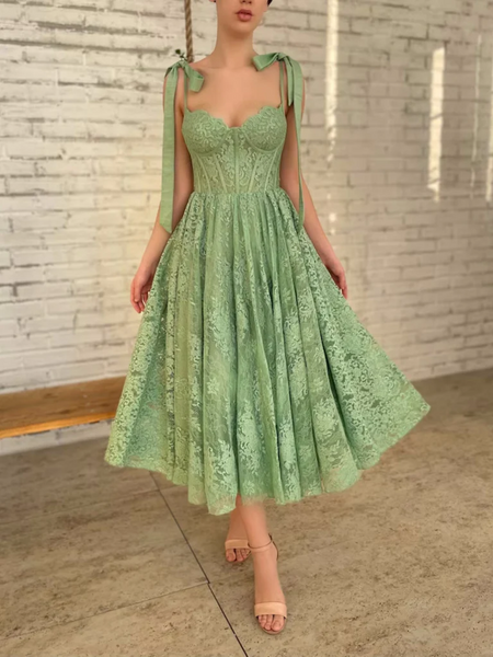 Sweetheart Neck Green Lace Tea Length Prom Dresses, Green Lace Tea Length Formal Evening Graduation Dresses