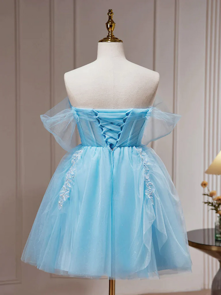 A Line Blue Tulle Short Beaded Prom Dresses, Short Blue Graduation Homecoming Evening Dresses