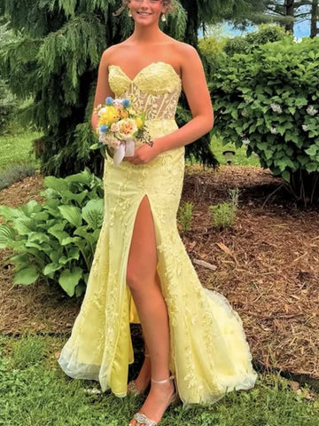 Strapless Sweetheart Neck Mermaid Yellow Lace Long Prom Dresses with Slit, Mermaid Yellow Formal Graduation Evening Dresses