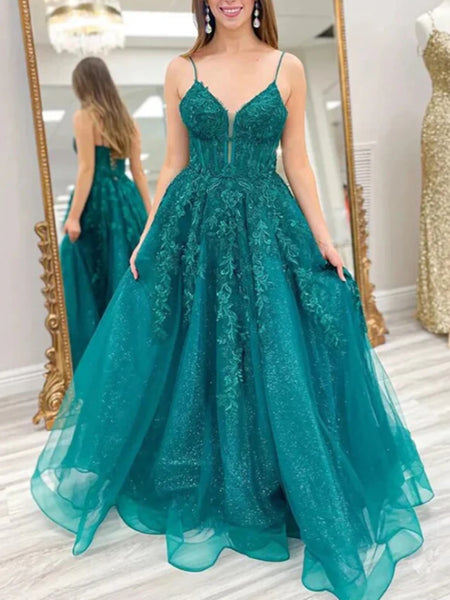 Sparkly Emerald Green Lace Long Prom Dresses ,A Line Spaghetti Straps Emerald Green Lace Formal Evening Dresses