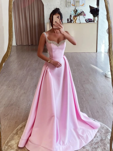 Simple  Pink Beaded A Line Satin Long Prom Dresses ,  Pink Long Formal Evening Graduation Dresses