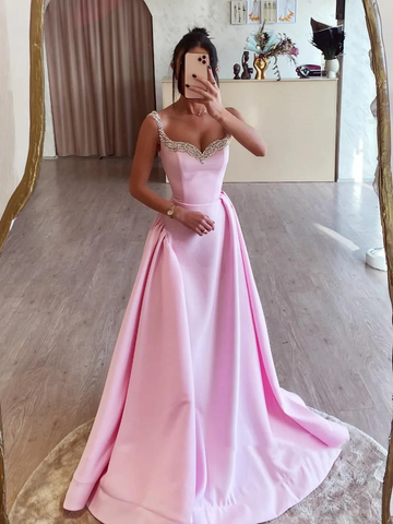 Simple  Pink Beaded A Line Satin Long Prom Dresses ,  Pink Long Formal Evening Graduation Dresses